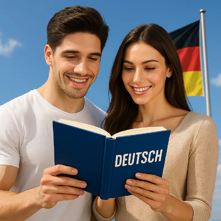 A couple reading a book titled 'German'
